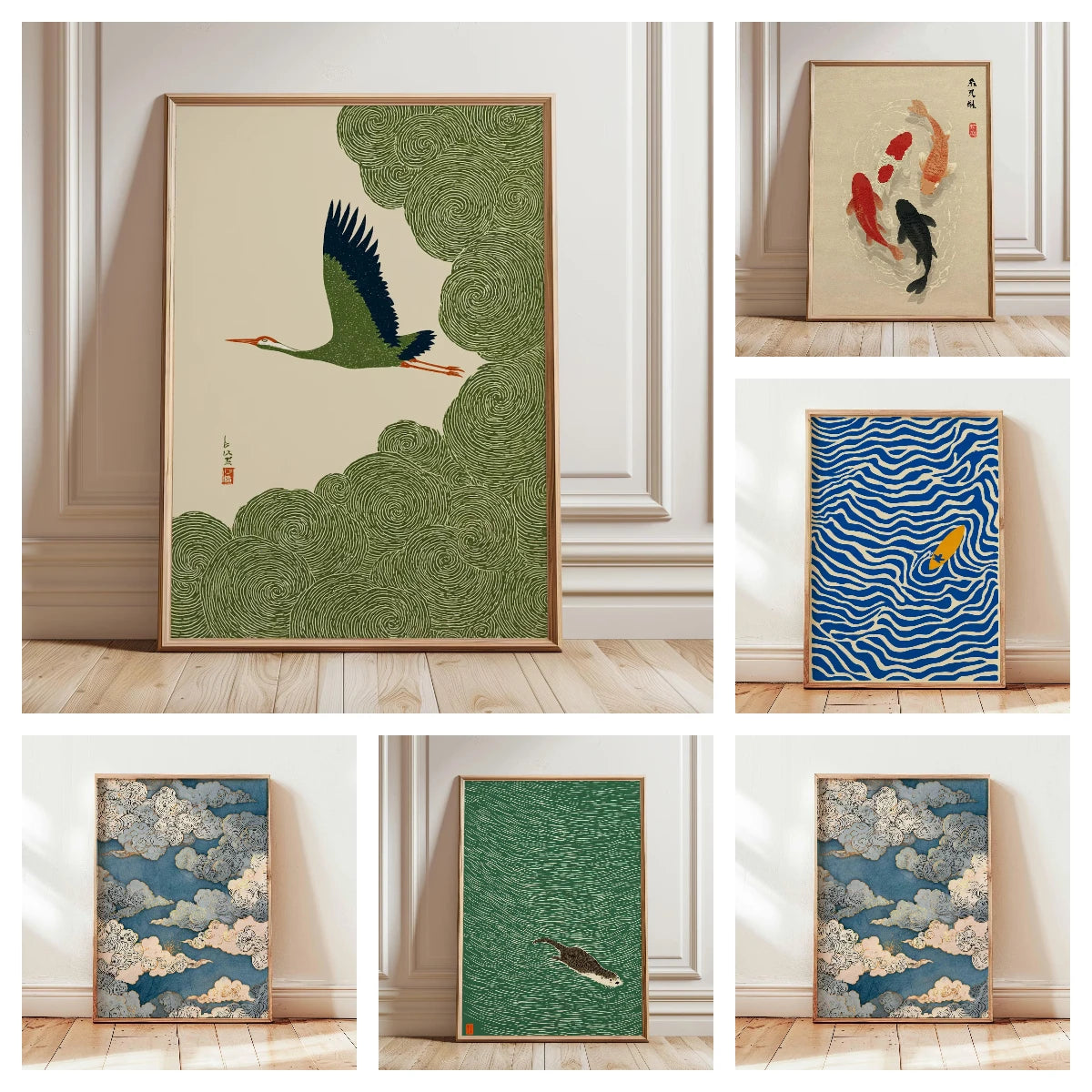 Japanese Crane & Cloud Canvas Wall Art – Vintage-Style Unframed Print