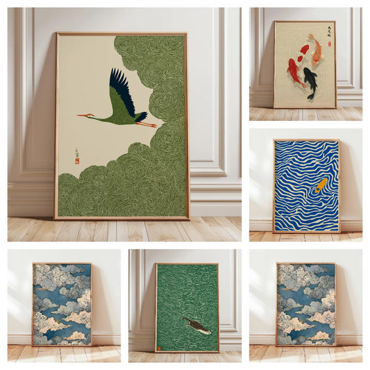 Japanese Crane & Cloud Canvas Wall Art – Vintage-Style Unframed Print