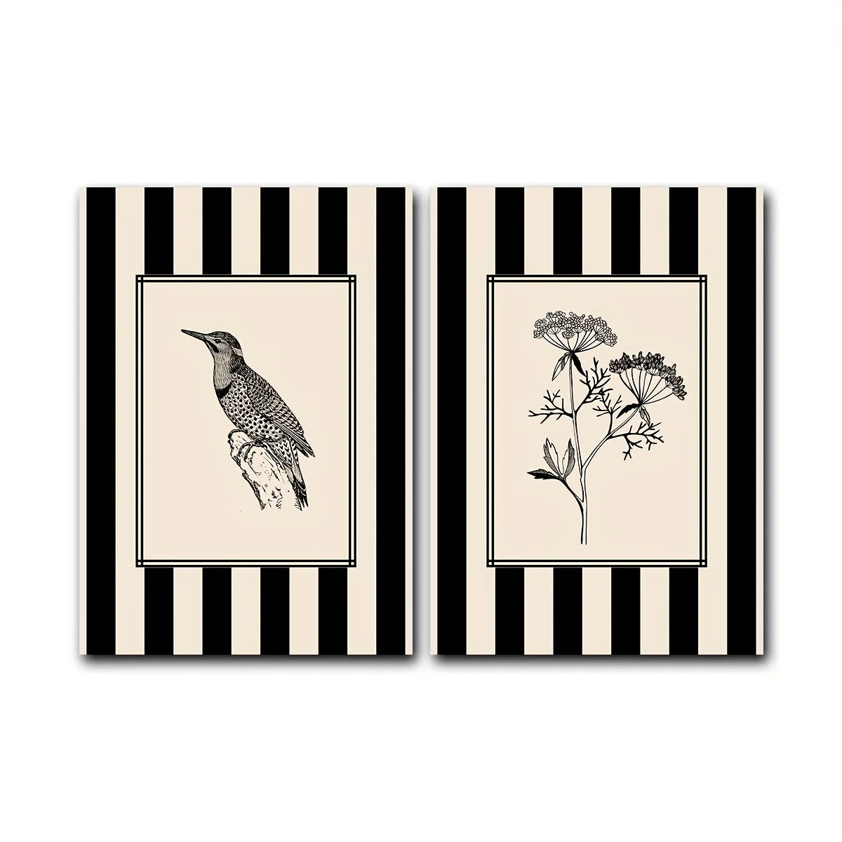 Minimalist Black Bird & Floral Wall Art – Set of 2 Unframed Canvas Prints