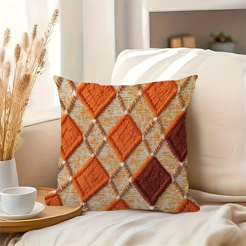 Orange Tufted Geometric Throw Pillow Cover – Boho Diamond Cushion Case