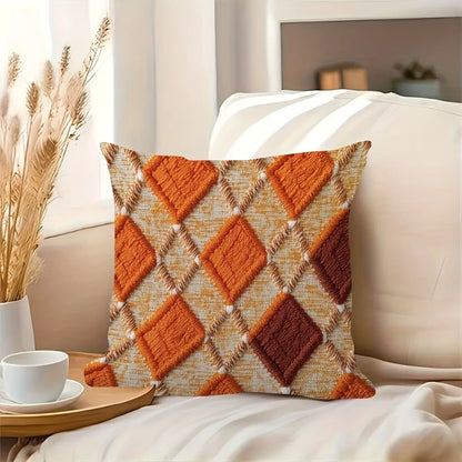 Orange Tufted Geometric Throw Pillow Cover – Boho Diamond Cushion Case