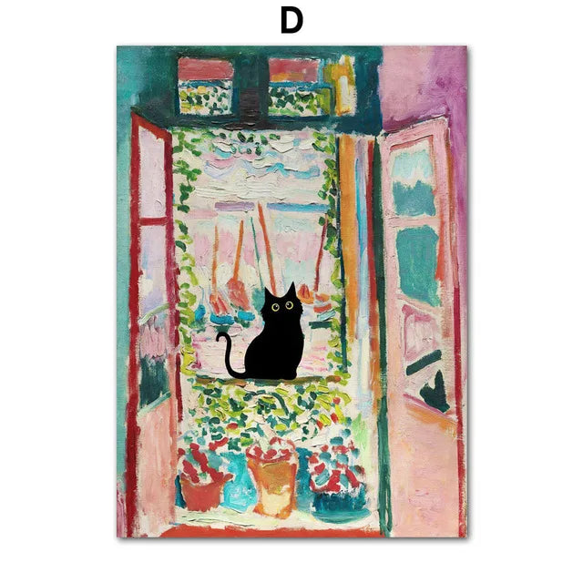 Black Cat & Sunflower Canvas Wall Art Prints – Unframed