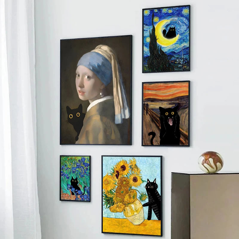 Black Cat & Sunflower Canvas Wall Art Prints – Unframed
