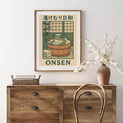 Funny Frog Bathroom Wall Art – Vintage Japanese-Style Bathtub Canvas Print