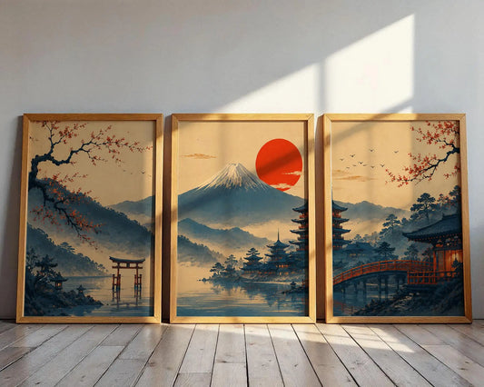 Japanese Mount Fuji & Cherry Blossom Wall Art – Set of 3 Unframed Prints