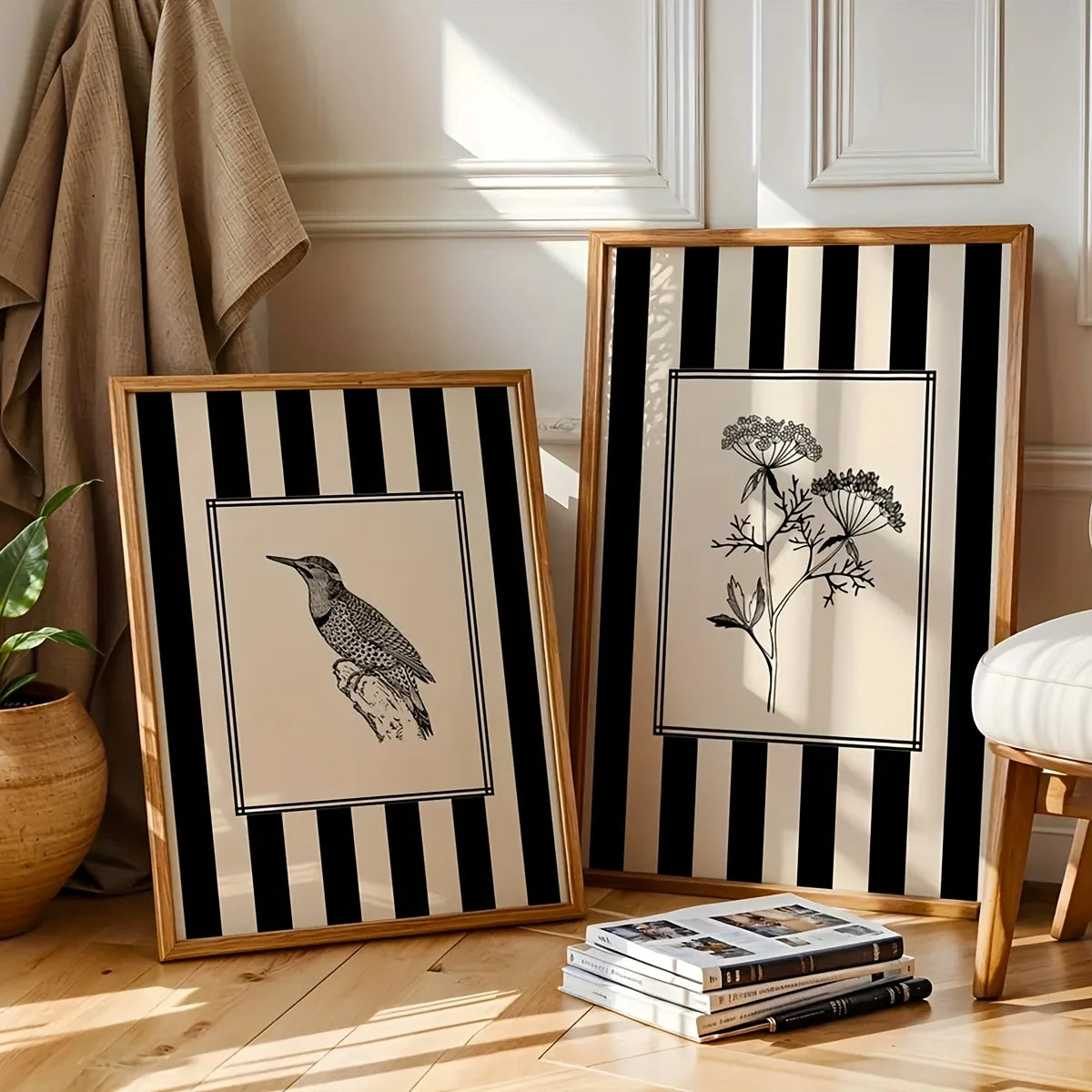Minimalist Black Bird & Floral Wall Art – Set of 2 Unframed Canvas Prints
