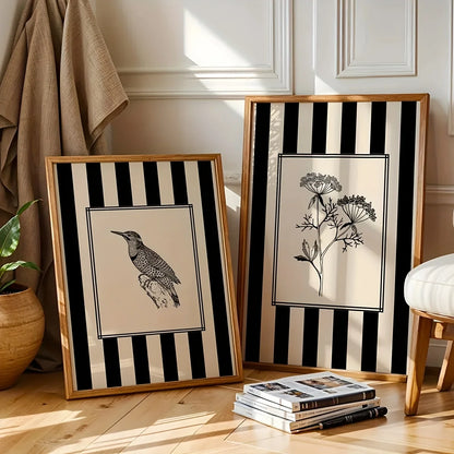 Minimalist Black Bird & Floral Wall Art – Set of 2 Unframed Canvas Prints