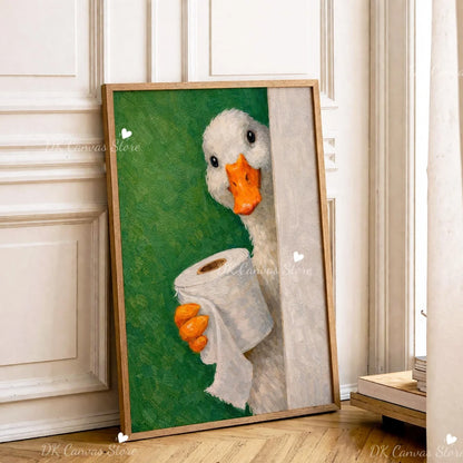Funny Duck Toilet Paper Bathroom Wall Art – Humorous Canvas Print