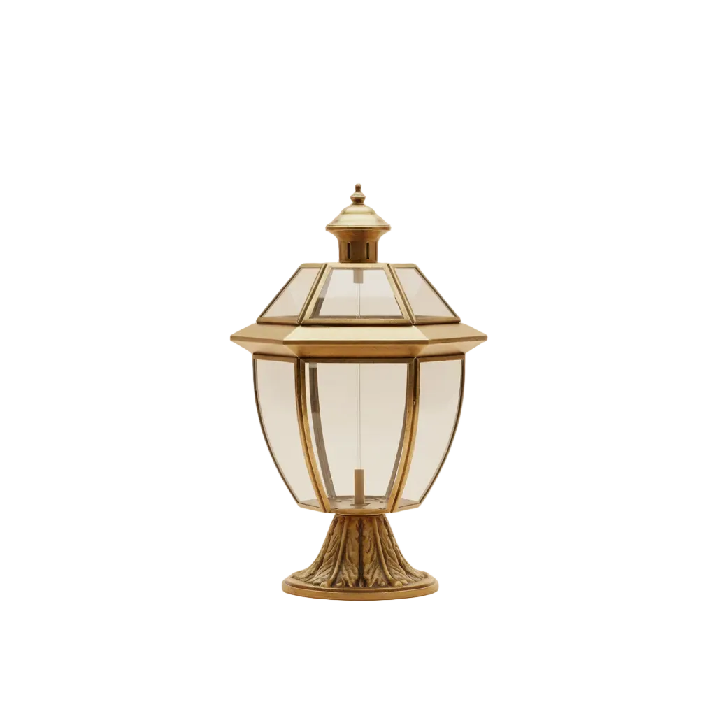 Decorative outdoor lamp with gold finish on a white background