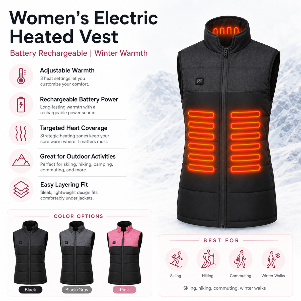 Women's Electric Heated Vest Battery Rechargeable | Winter