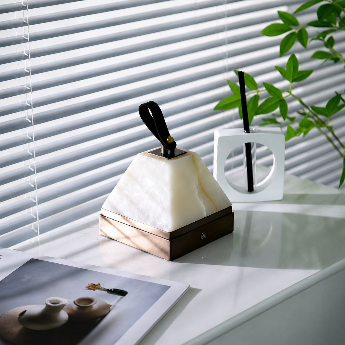 Pyramid Alabaster Portable Table Lamp