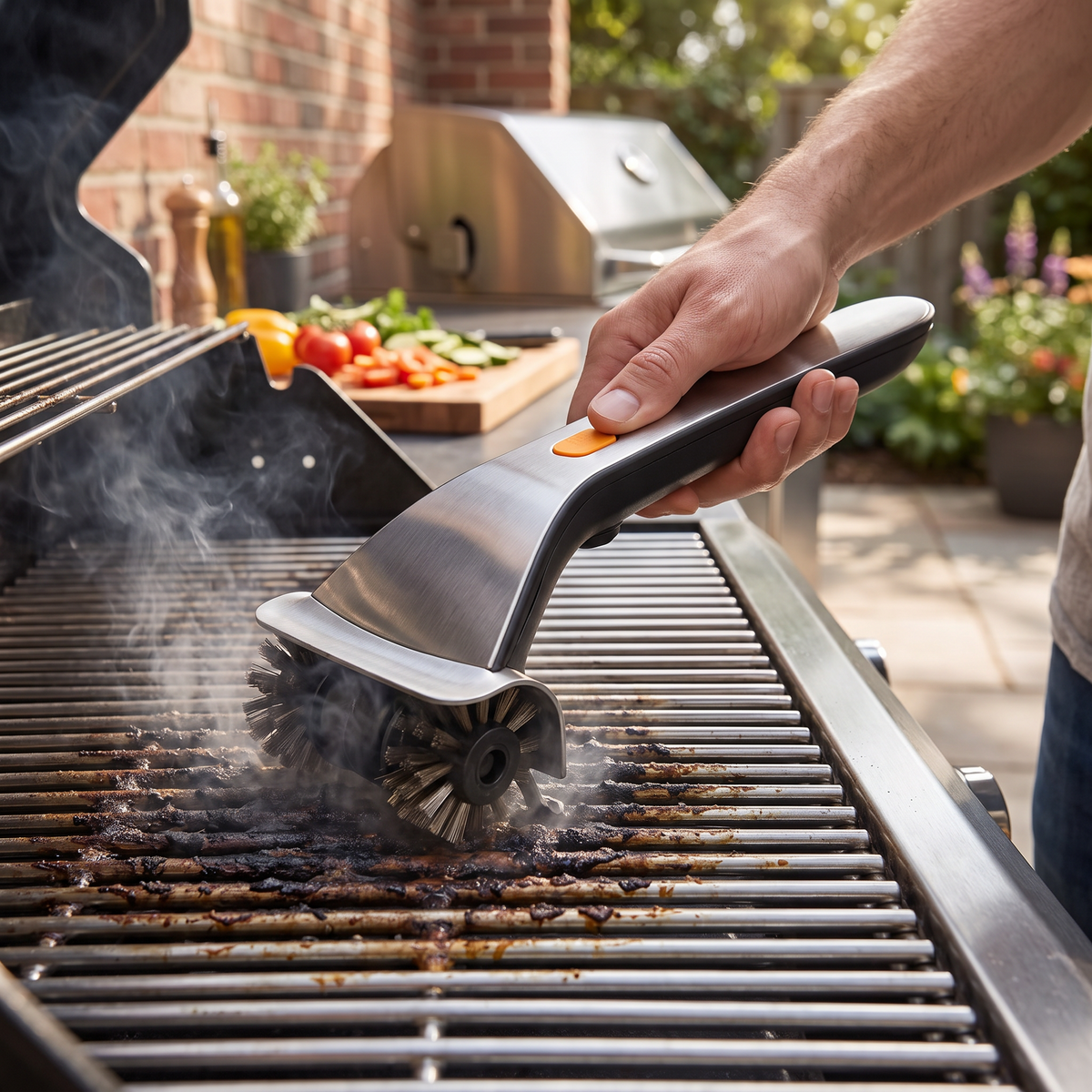 Electric Grill Brush Cleaning Steam Rotating Handheld lifestyle