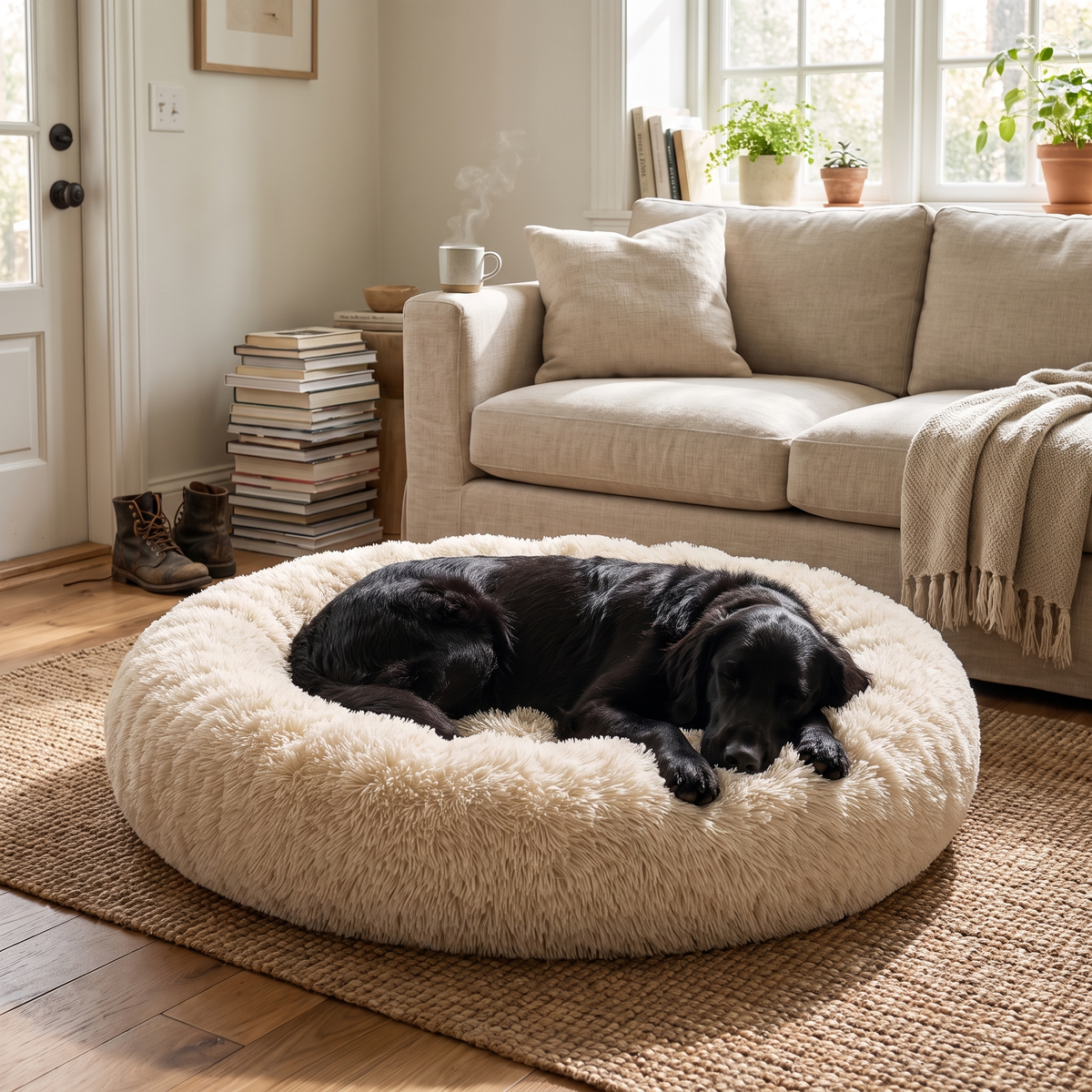 Calming Dog Bed Plush Machine Washable Cozy Design lifestyle