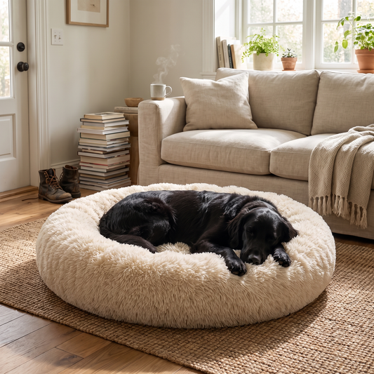 Calming Dog Bed Plush Machine Washable Cozy Design lifestyle