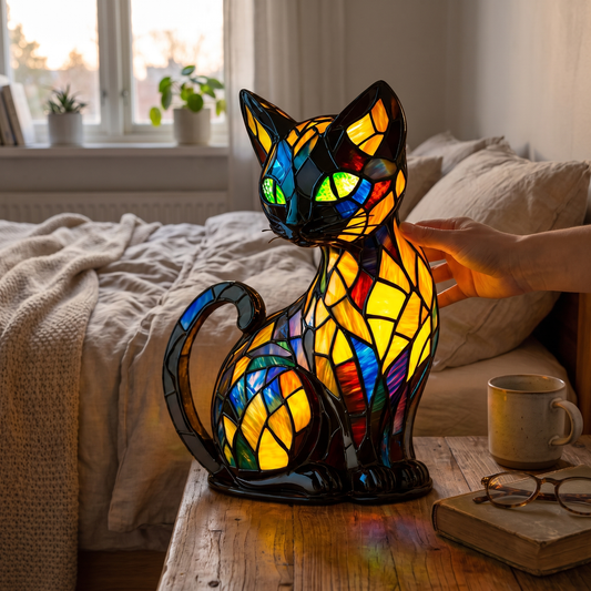 Cat Night Light Stained Glass Lamp Unique Curve Base lifestyle