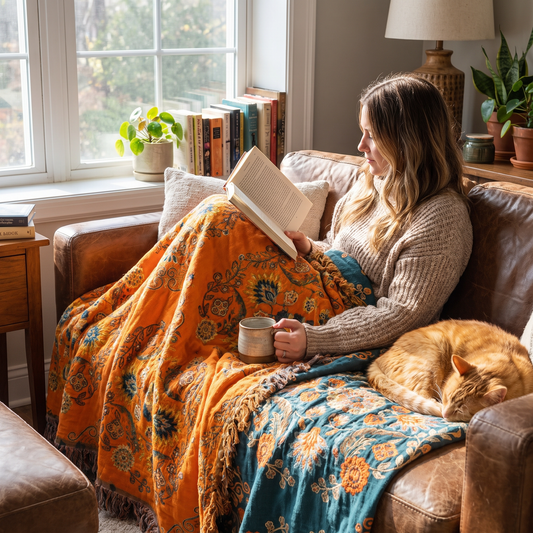 Cotton Throw Blanket Reversible Decorative Fringe Design lifestyle