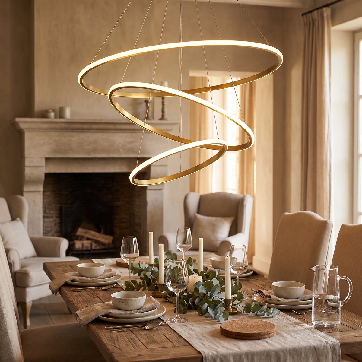 A modern spiral ring chandelier with a brushed gold finish and warm white LED lighting hangs over a styled dining table in a warm, elegant dining room with a fireplace and upholstered chairs.