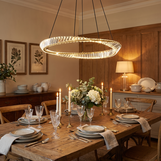 A modern double-ring crystal chandelier with warm white LED lighting hangs over a rustic wooden dining table set for a dinner party in a cozy, wood-paneled dining room.